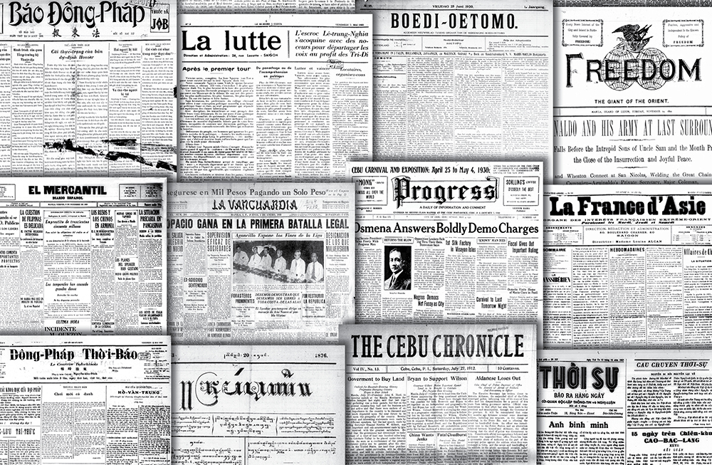 A collage of titles included in the Southeast Asian Newspapers collection, including Bao Dong-Phap, La Lutte, the Cebu Chronicle, La Vanguardia, El Mercantil, and more