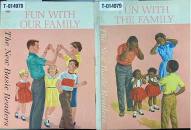 Image of covers of an old textbook called "Fun With the Family" where one cover portrays a white family and one portrays a black family.